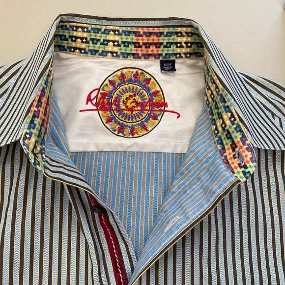 Robert Graham Button Up Shirt Men Medium Striped Blue Gray Velvet Trim Flip Cuff - Picture 7 of 16